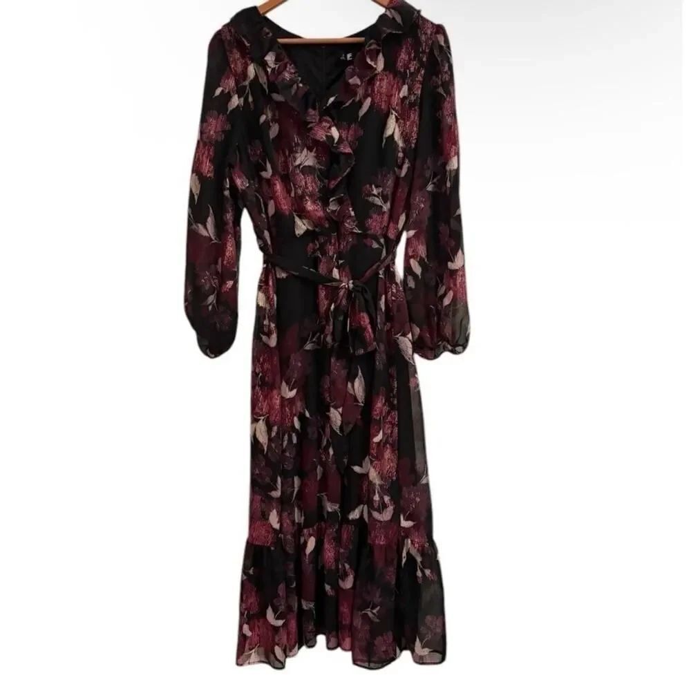 Leslie Fay Floral Ruffle Midi Dress Romantic Sheer Sleeve Wedding Guest Dress 14 - Picture 2 of 8